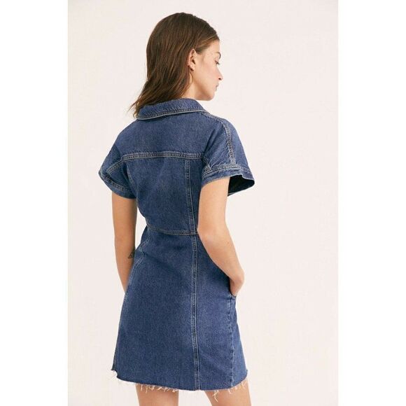 FREE PEOPLE XS DENIM CITY ASYMMETRICAL BUTTON RAW HEM MINI SHIRT DRESS BLUE - Picture 3 of 11